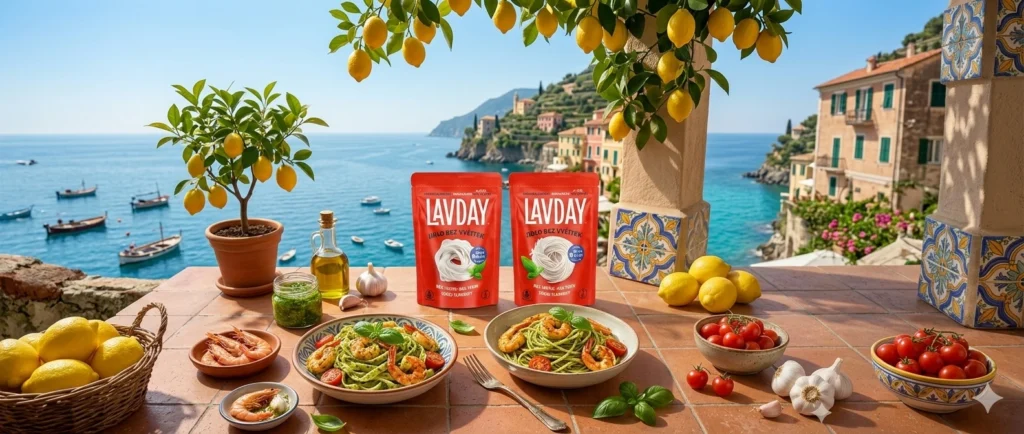 Konjakové špagety bazalkovým pestom a krevetami (Mediterranean Vibe)