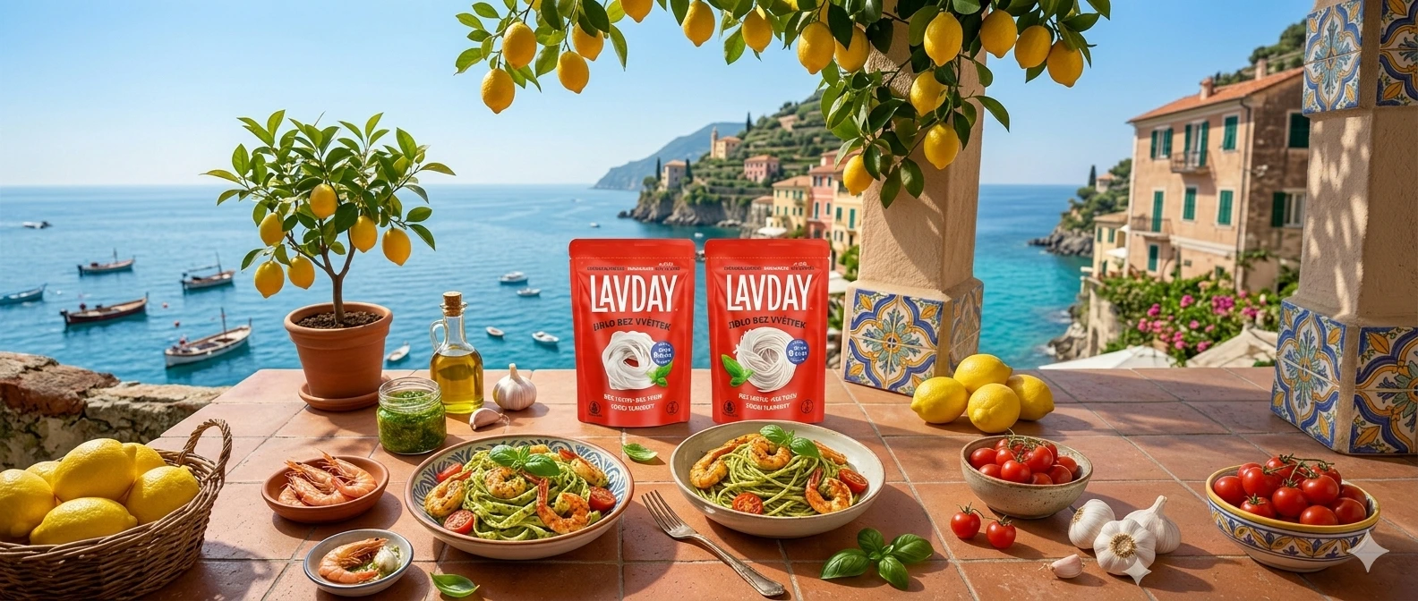 Konjakové špagety s bazalkovým pestom, krevetami a cesnakom pripravené na panvi